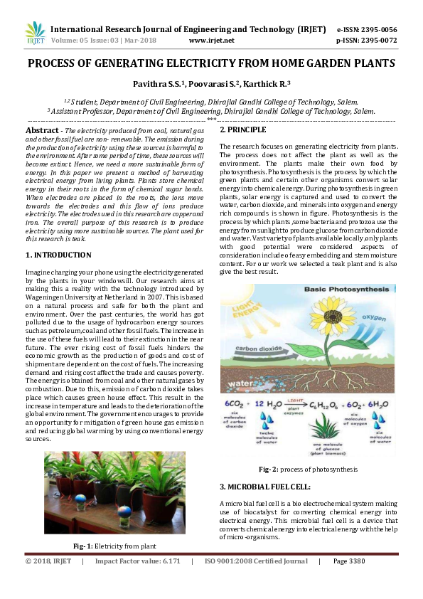 (PDF) PROCESS OF GENERATING ELECTRICITY FROM HOME GARDEN PLANTS IRJET