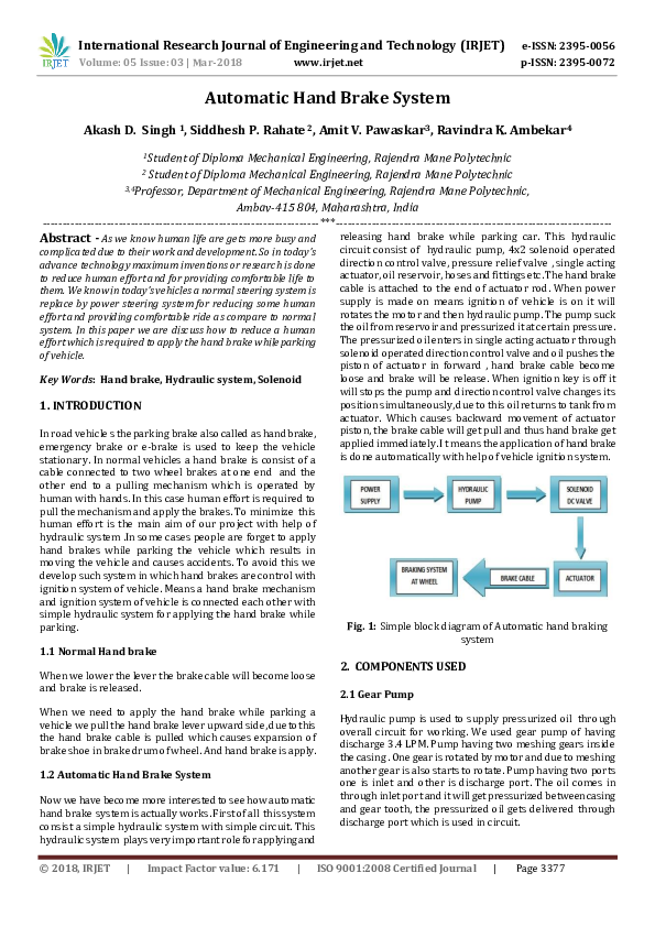 (PDF) Automatic Hand Brake System IRJET Journal Academia.edu