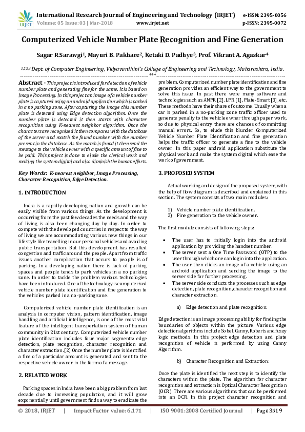 (PDF) Computerized Vehicle Number Plate Recognition and Fine Generation