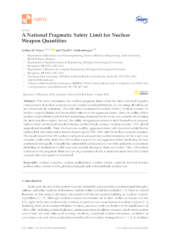 First page of “A National Pragmatic Safety Limit for Nuclear Weapon Quantities”