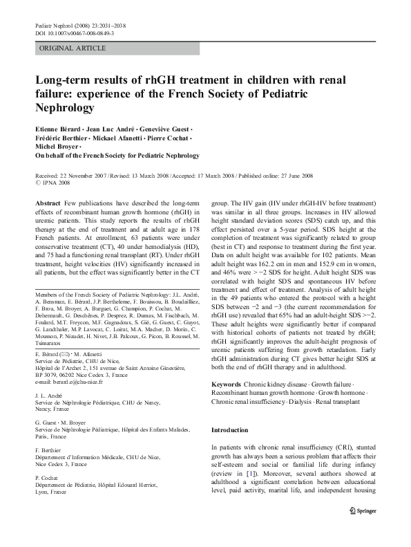 (PDF) Long-term results of rhGH treatment in children with renal ...