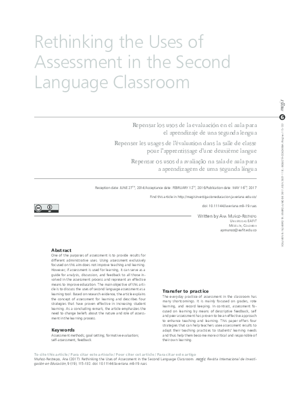 (PDF) Rethinking the Uses of Assessment in the Second Language Classroom