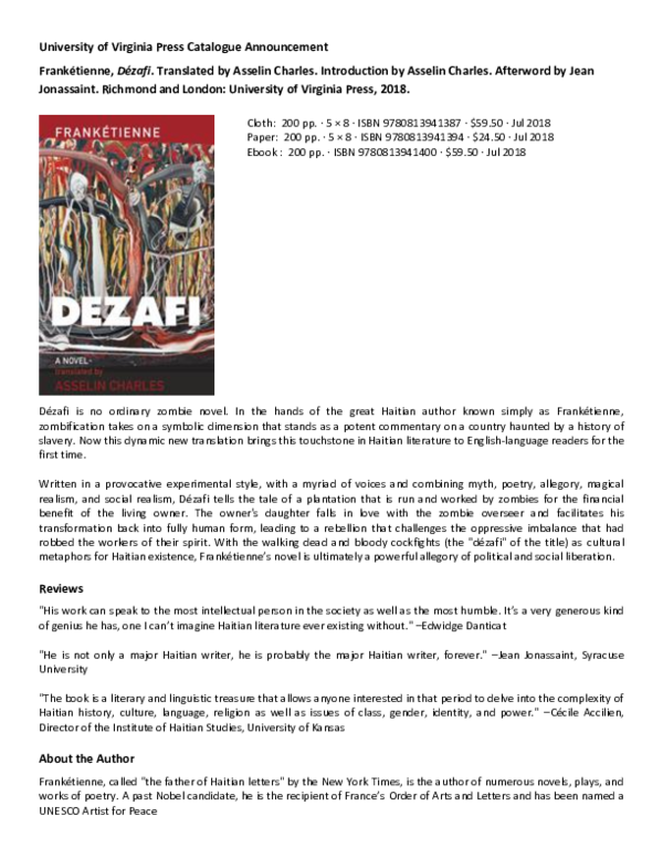 (DOC) English Translation of Frankétienne's Kreyòl Novel, Dézafi