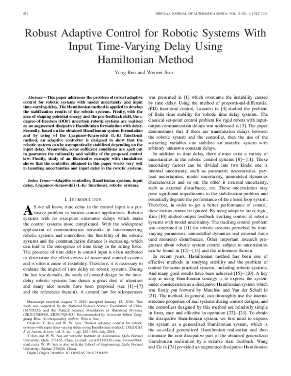 (PDF) Robust Adaptive Control for Robotic Systems With Input Time ...