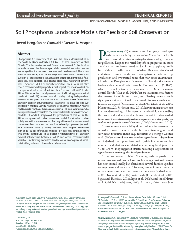 (PDF) Soil Phosphorus Landscape Models for Precision Soil Conservation