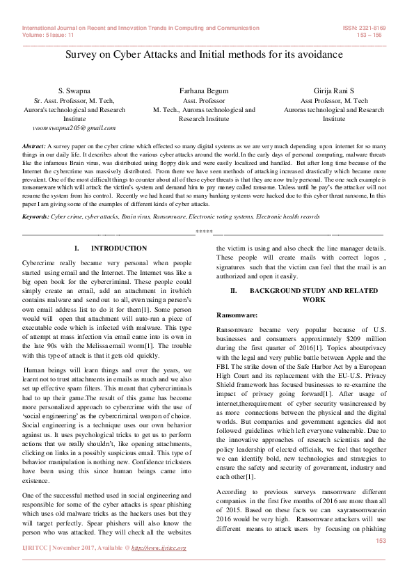 (PDF) Survey on Cyber Attacks and Initial methods for its avoidance