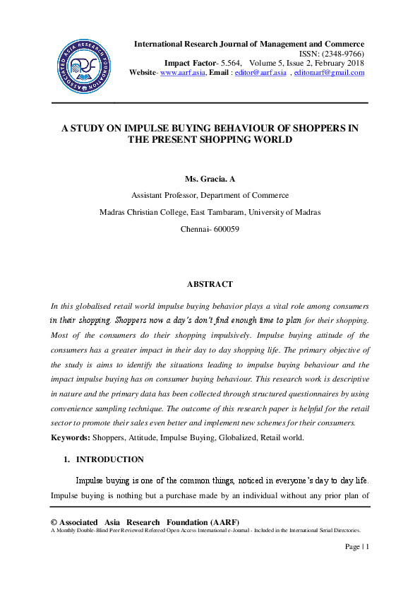 (PDF) A STUDY ON IMPULSE BUYING BEHAVIOUR OF SHOPPERS IN THE PRESENT ...