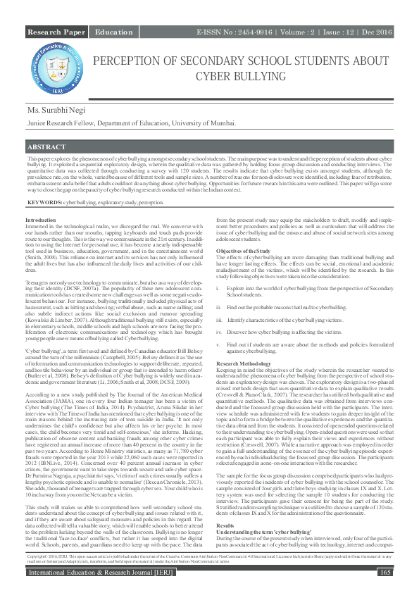 (PDF) PERCEPTION OF SECONDARY SCHOOL STUDENTS ABOUT CYBER BULLYING