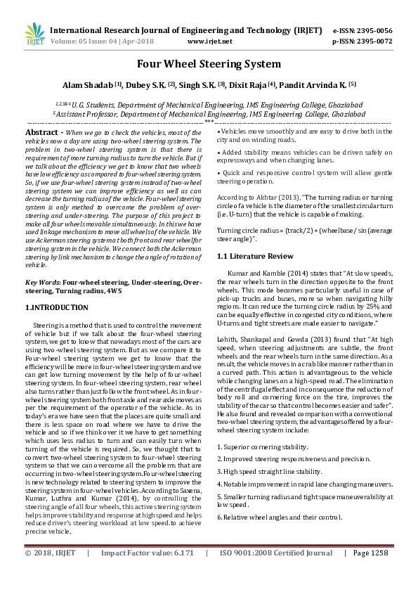 (PDF) Four Wheel Steering System IRJET Journal Academia.edu