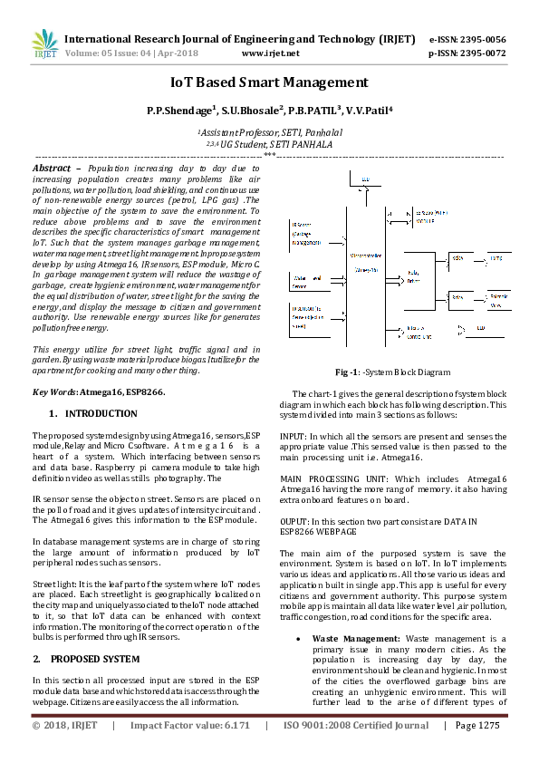 (PDF) Iot Based Smart Management IRJET Journal Academia.edu
