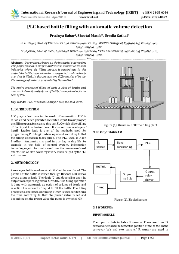 (PDF) PLC based Bottle Filling with Automatic Volume Detection