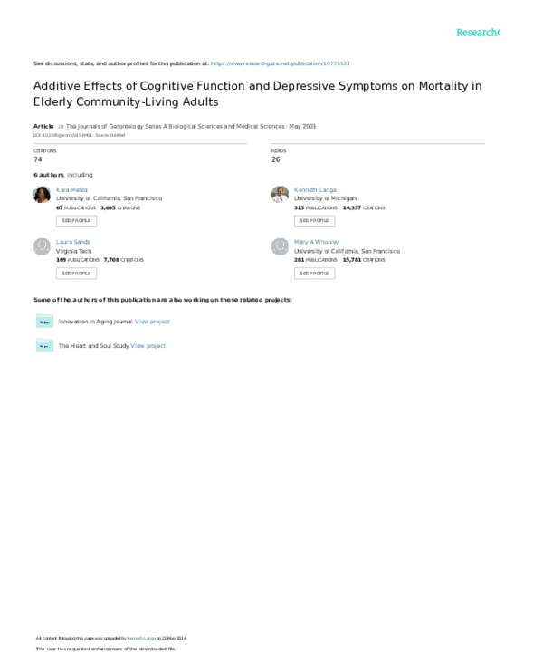 (PDF) Additive Effects of Cognitive Function and Depressive Symptoms on ...