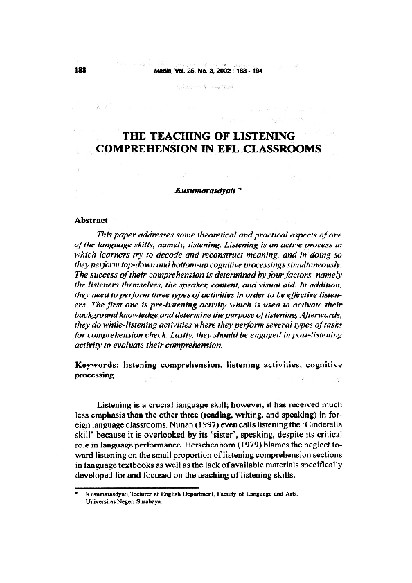 (PDF) The Teaching of Listening Comprehension in EFL Classrooms
