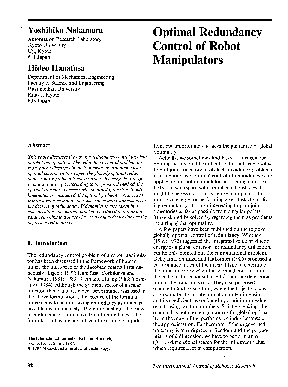 (PDF) Optimal Redundancy Control of Robot