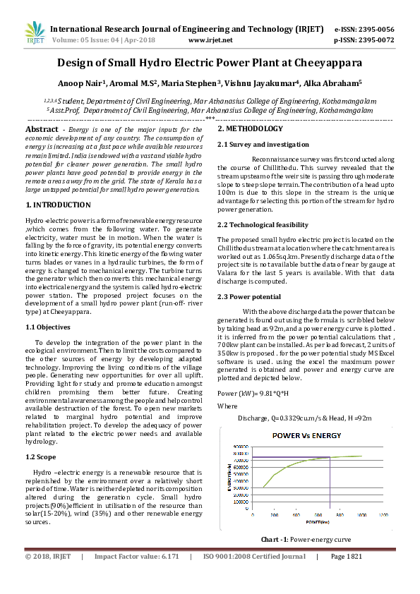 (PDF) Design of Small Hydro Electric Power Plant at Cheeyappara IRJET