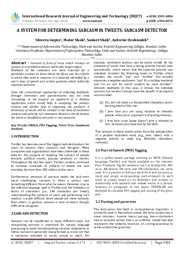 (PDF) A SYSTEM FOR DETERMINING SARCASM IN TWEETS: SARCASM DETECTOR