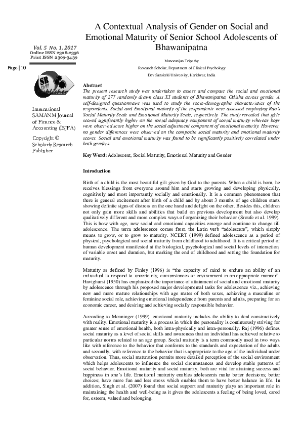 (PDF) A Contextual Analysis of Gender on Social and Emotional Maturity ...