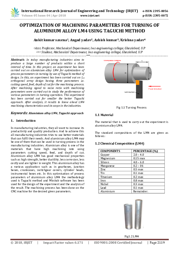 (PDF) Optimization of Machining Parameters for Turning ofAluminium ...
