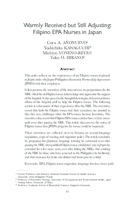 Pdf Warmly Received But Still Adjusting Filipino Epa Nurses In Japan Michiyo Yoneno Reyes Academia Edu