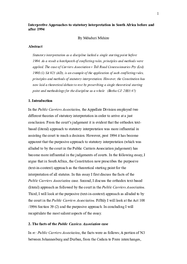 (DOC) Interpretive Approaches to statutory interpretation in South