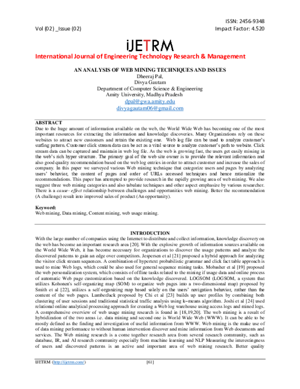 (PDF) AN ANALYSIS OF WEB MINING TECHNIQUES AND ISSUES