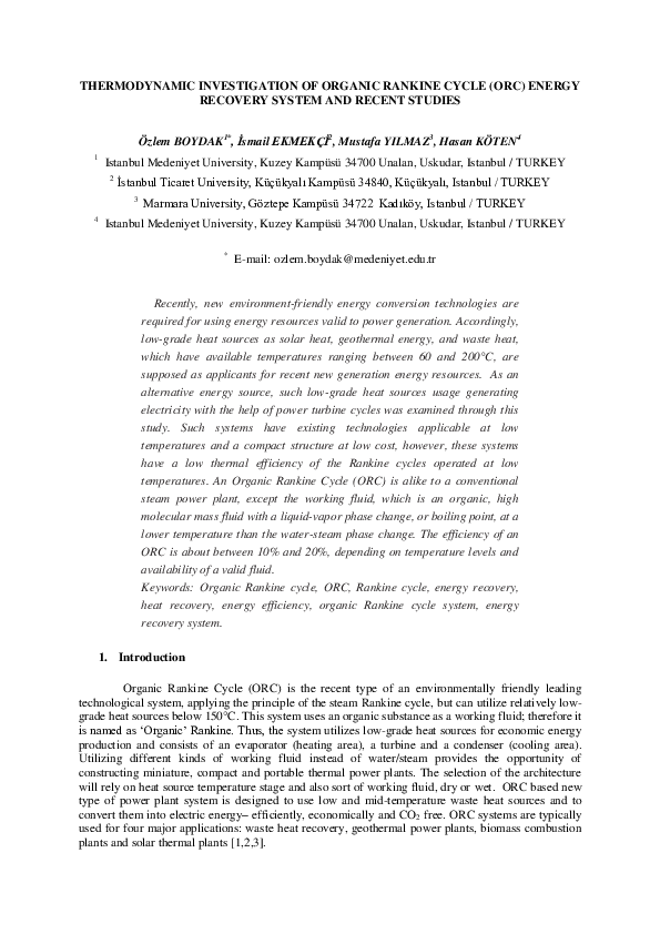 (PDF) THERMODYNAMIC INVESTIGATION OF ORGANIC RANKINE CYCLE (ORC) ENERGY ...