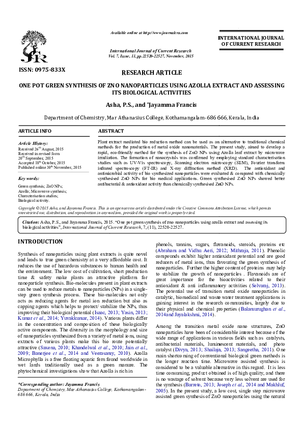 (PDF) ONE POT GREEN SYNTHESIS OF ZNO NANOPARTICLES USING AZOLLA EXTRACT AND