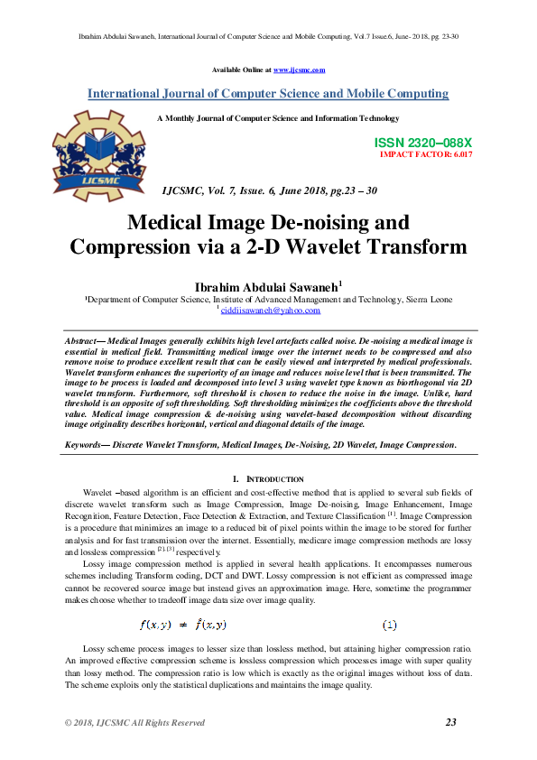 (PDF) Medical Image De-noising and Compression via a 2-D Wavelet Transform﻿