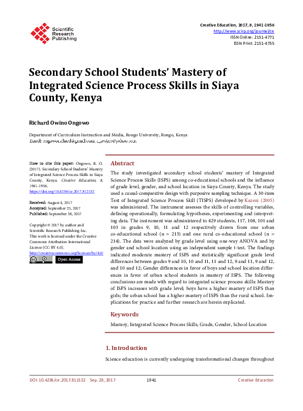 (PDF) Secondary School Students' Mastery of Integrated Science Process ...