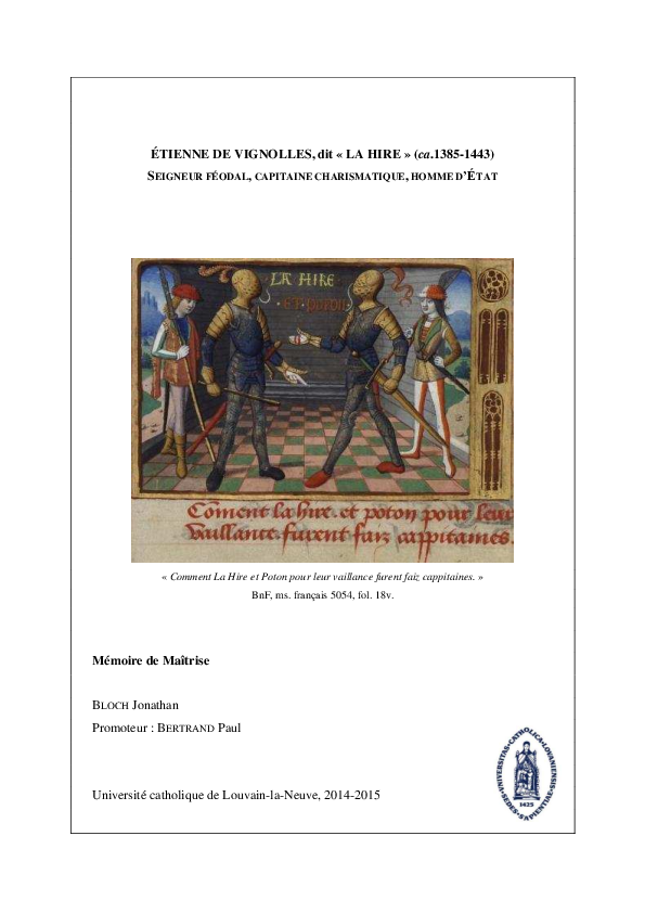 Étienne de Vignolles, dit "La Hire" (ca.1385-1443) seigneur féodal, capitaine charismatique, officier royal. Mémoire de Maîtrise