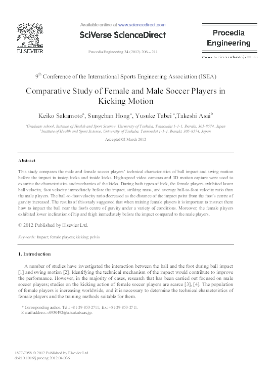 (PDF) Comparative Study of Female and Male Soccer Players in Kicking Motion