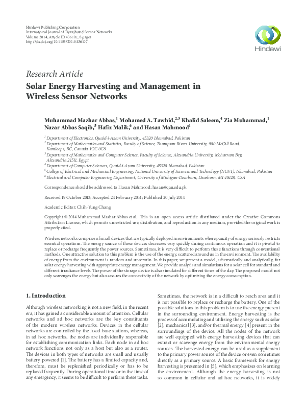 (PDF) Solar Energy Harvesting and Management in Wireless Sensor Networks