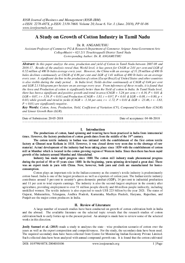 (PDF) A Study on Growth of Cotton Industry in Tamil Nadu IOSR