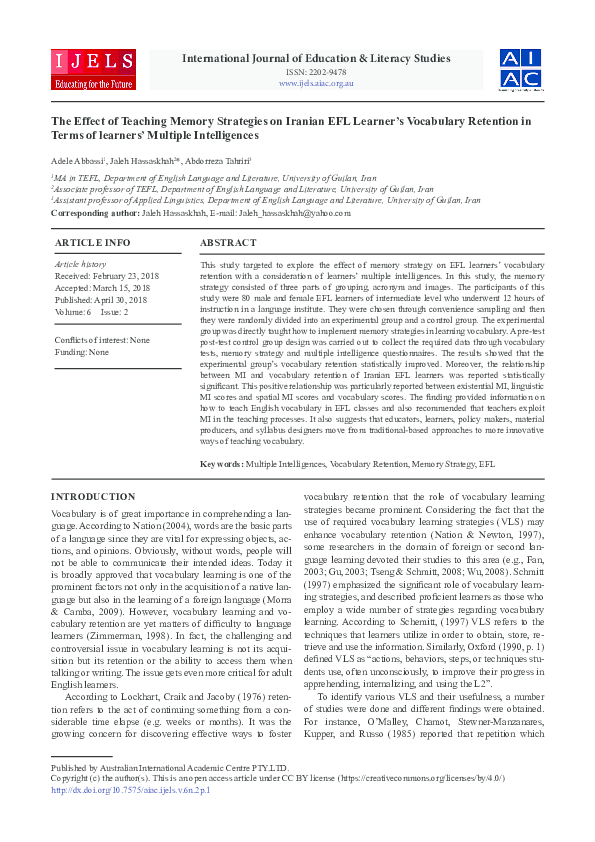 (PDF) The Effect of Teaching Memory Strategies on Iranian EFL Learner's ...
