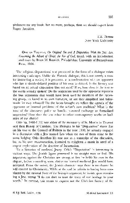 Marc Saperstein, “Review of ‘On Original Sin and A Disputation With the Jew, Leo: Two Theological Treatises, by Odo of Tournai’, ed. Irven M. Resnick,” Medieval Encounters, vol. 2, no. 3 (January 1996): 385-389