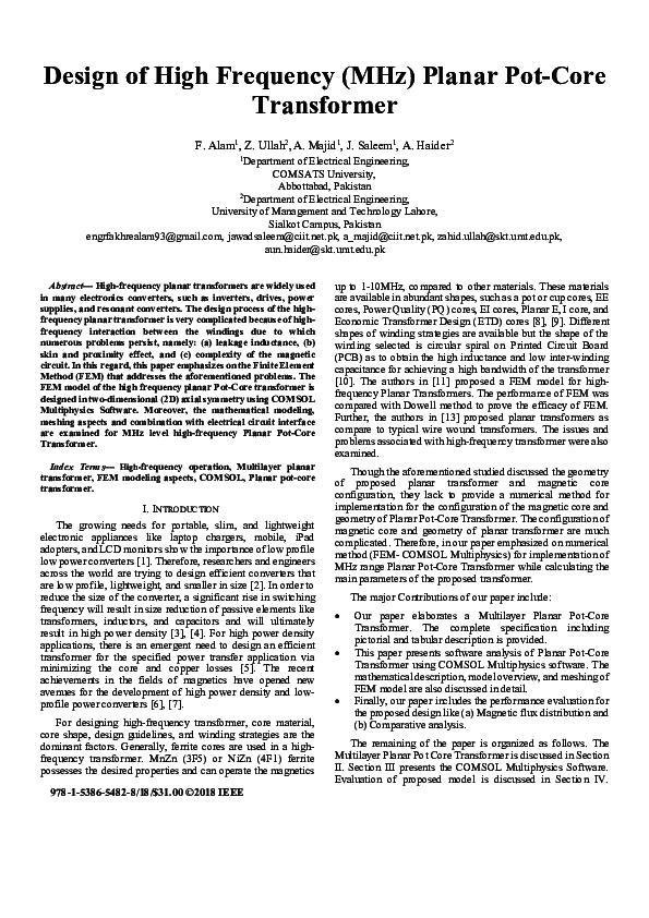 (PDF) Design of High Frequency (MHz) Planar Pot-Core Transformer