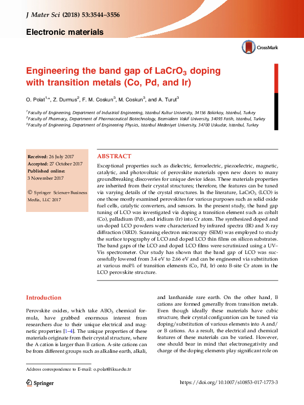 Pdf Engineering The Band Gap Of Lacro 3 Doping With Transition Metals Co Pd And Ir Mustafa Coskun Academia Edu