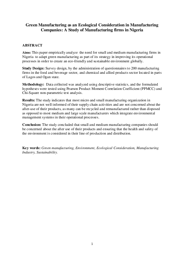 (PDF) Green Manufacturing as an Ecological Consideration in