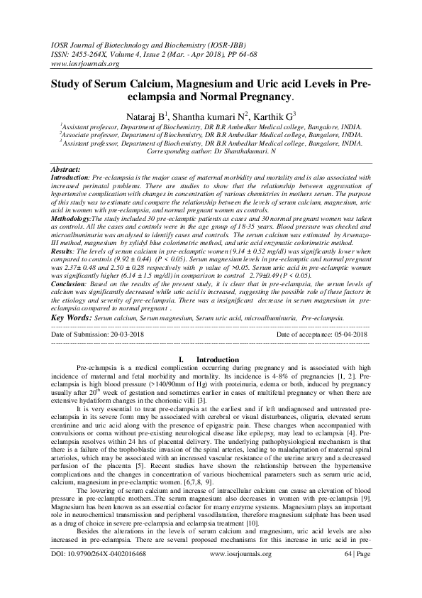 (PDF) Study of Serum Calcium, Magnesium and Uric acid Levels in Pre