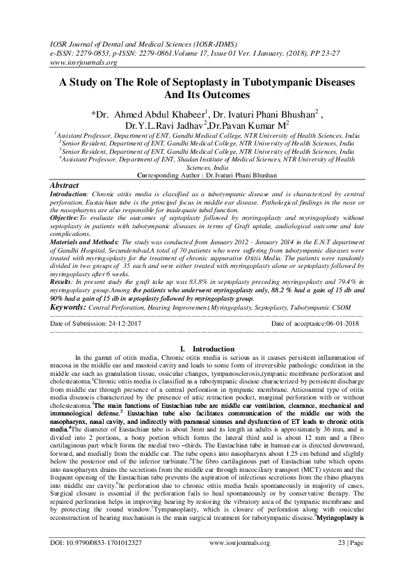 (PDF) A Study on The Role of Septoplasty in Tubotympanic Diseases And ...