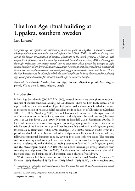 The Iron Age ritual building at Uppåkra, southern Sweden