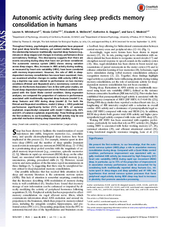 (PDF) Autonomic activity during sleep predicts memory consolidation in ...
