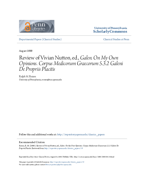 (PDF) Review of Vivian Nutton, ed., Galen. On My Own Opinions. Corpus