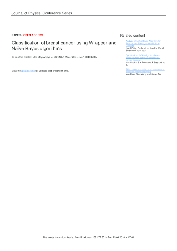 (PDF) Classification of breast cancer using Wrapper and Naïve Bayes ...