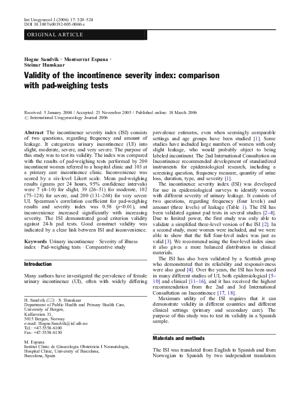 (PDF) Validity of the incontinence severity index comparison with pad
