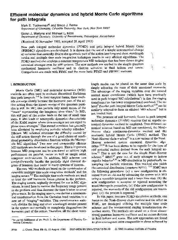 (PDF) Efficient molecular dynamics and hybrid Monte Carlo algorithms ...