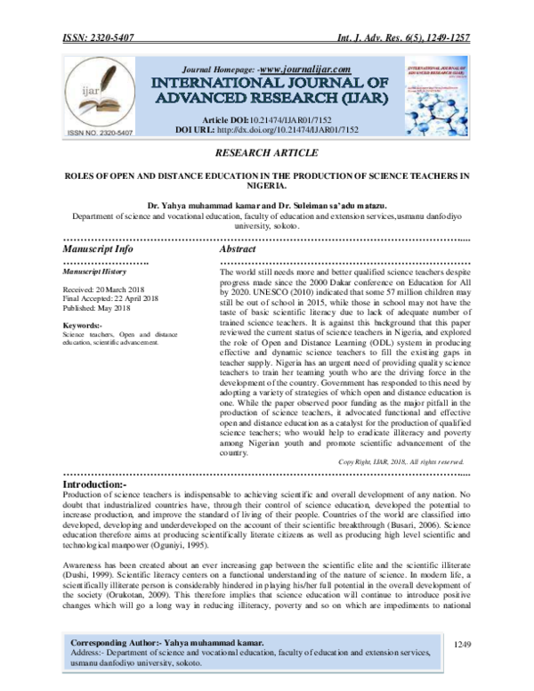 (PDF) ROLES OF OPEN AND DISTANCE EDUCATION IN THE PRODUCTION OF SCIENCE ...