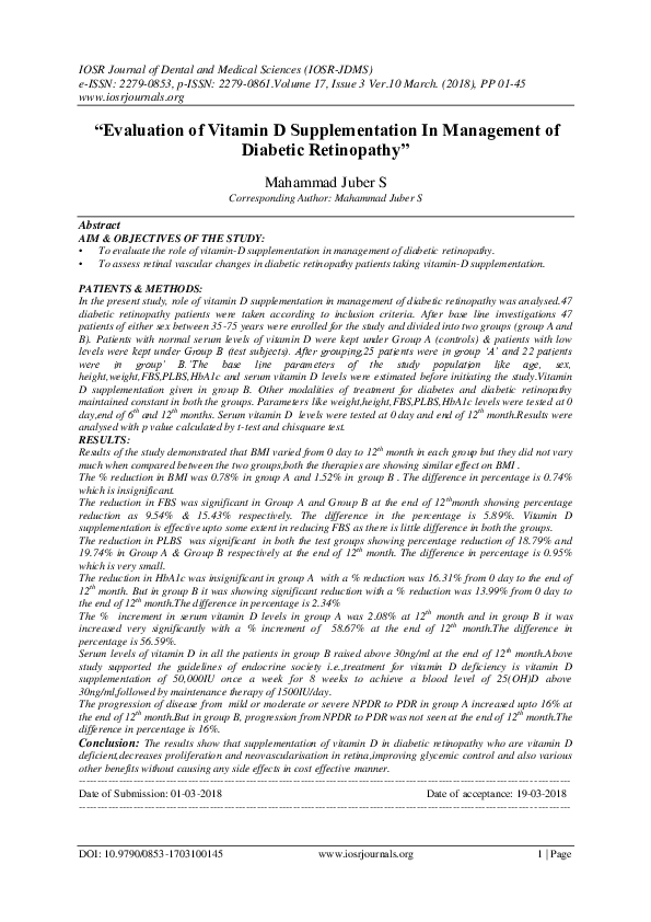 (PDF) " Evaluation of Vitamin D Supplementation In Management of ...