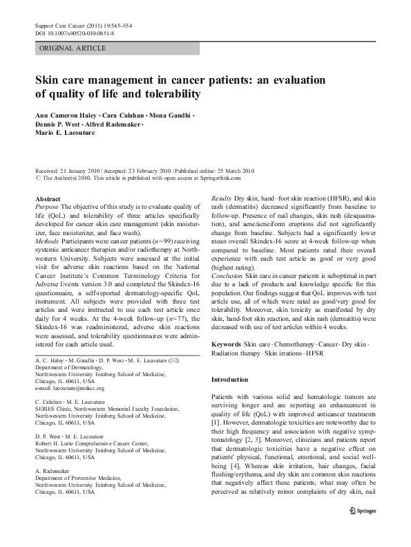 (PDF) Skin care management in cancer patients: an evaluation of quality ...