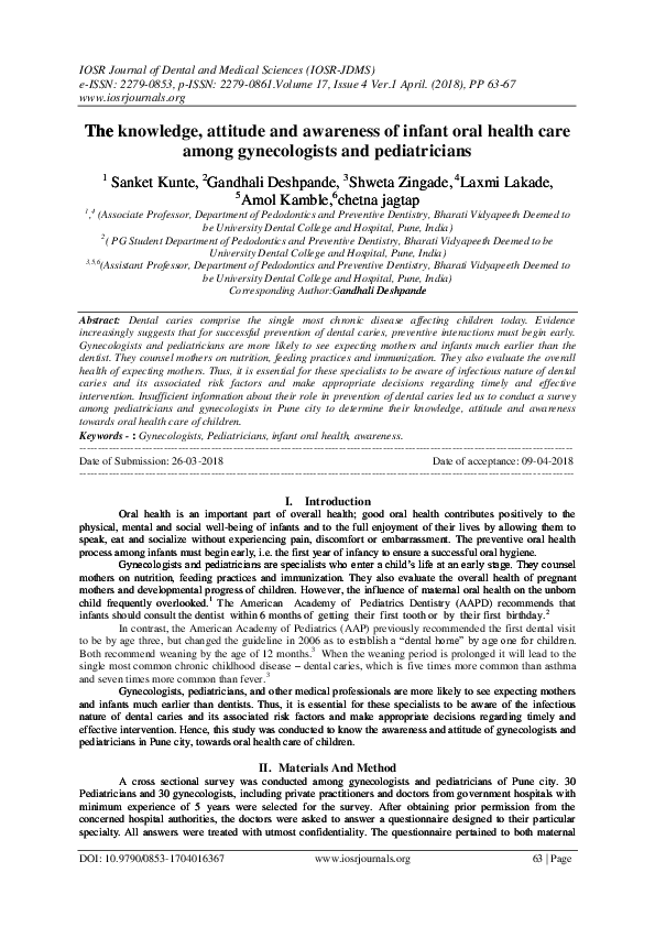 (PDF) The knowledge, attitude and awareness of infant oral health care ...